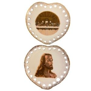 Pair of Vintage Heart Shaped Plates with Cut Outs Head of Jesus and Last Super